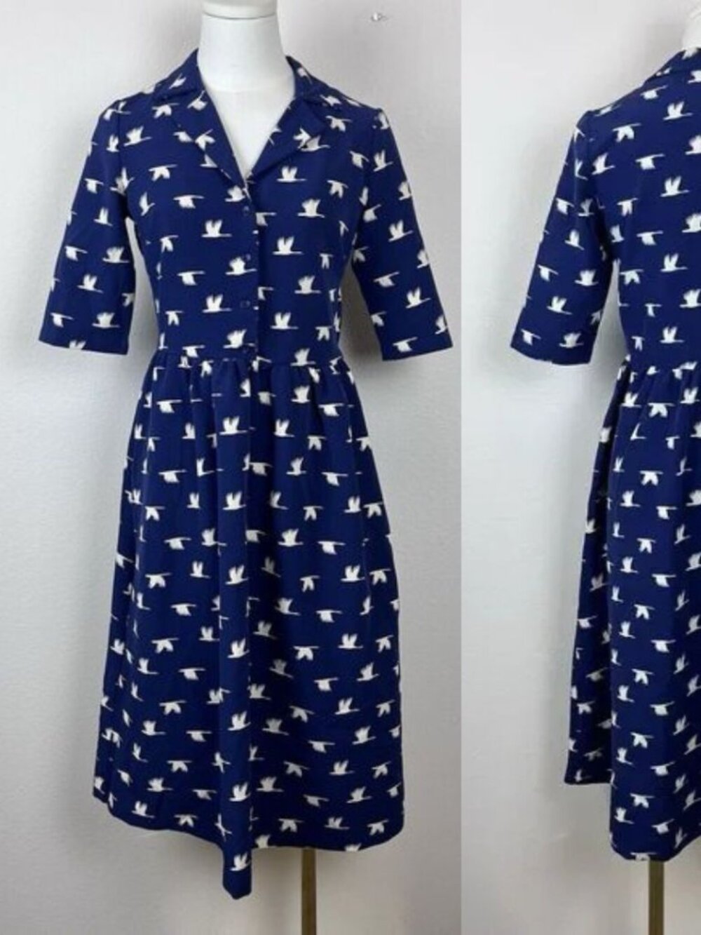 Fever London - Heritage Aria Button-Up Shirt Dress | Size 6 | Navy Cranes